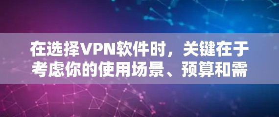 在选择VPN软件时，关键在于考虑你的使用场景、预算和需求。以下是对几个主流VPN软件的比较，供参考